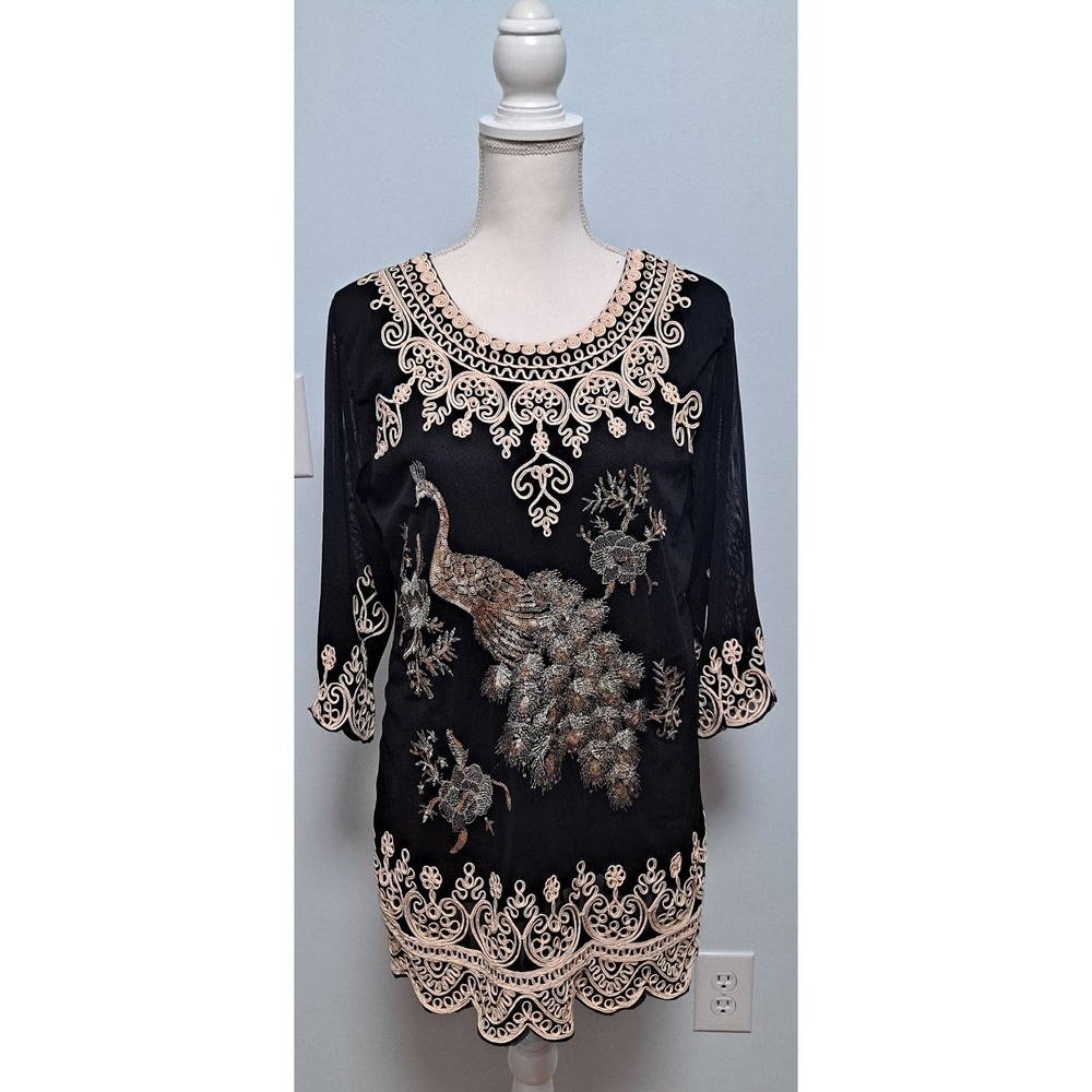Womens Embroidered Peacock Black Sequin Peacock Blouse Maximalist Glam Art